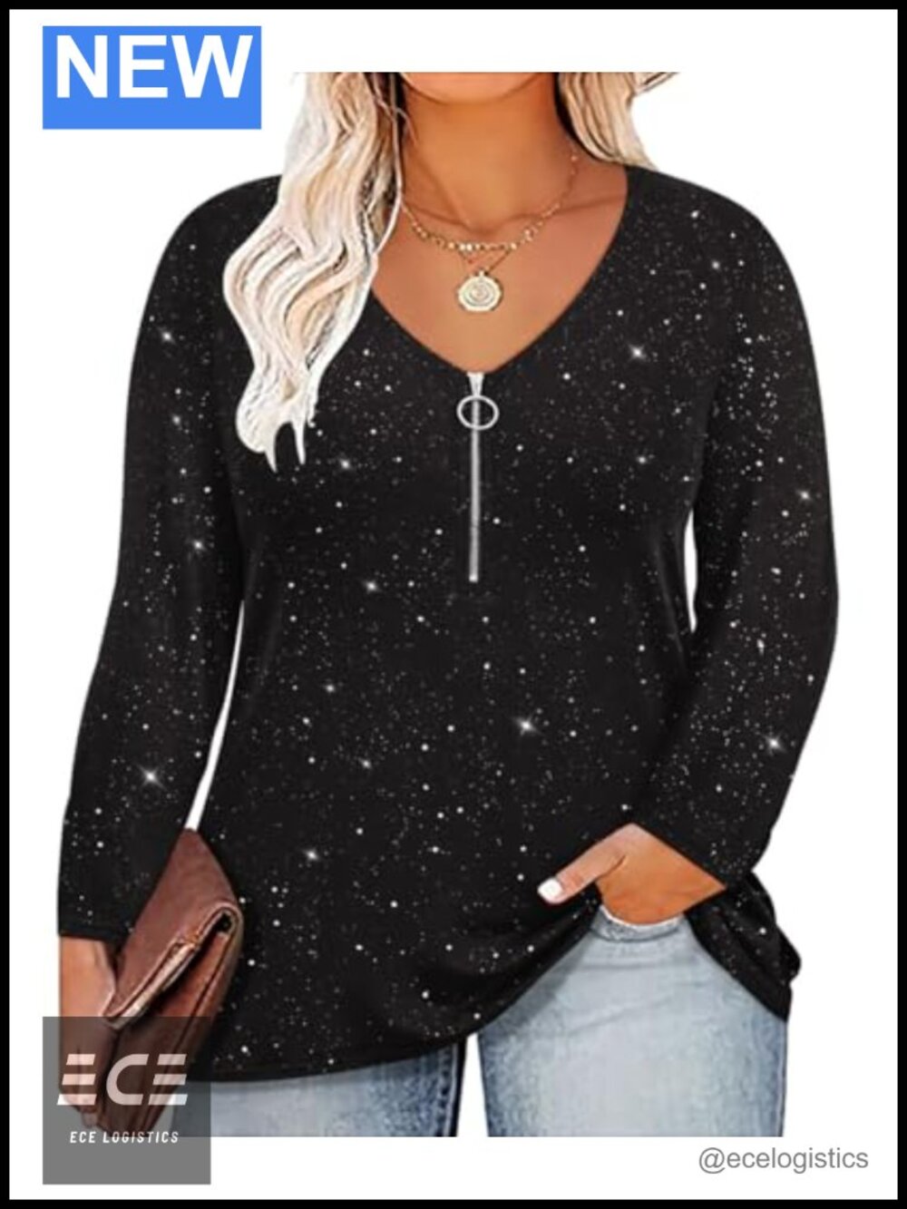 Plus Size Half Zip V Neck Long Sleeve Tunic Top Blouse